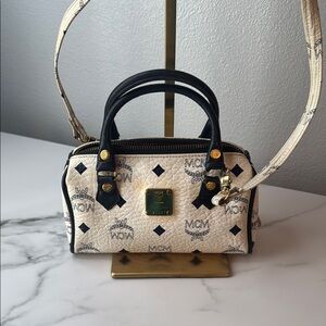 MCM Cream and Navy Mini Boston Bag with MCM Strap